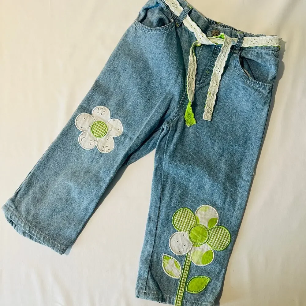 Vintage 2000s Y2K Kids Headquarters Green Flower Patchwork Jeans w/ Belt Sz 5